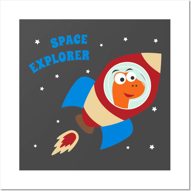 cute dinosaur astronaut play with his rocket Wall Art by KIDS APPAREL